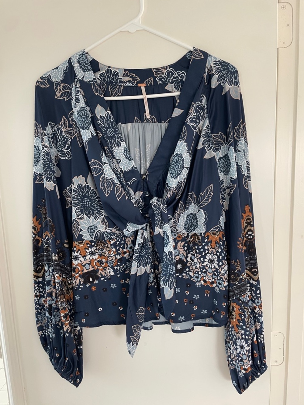 Free People Navy and Brown Floral Tie-Front Blouse